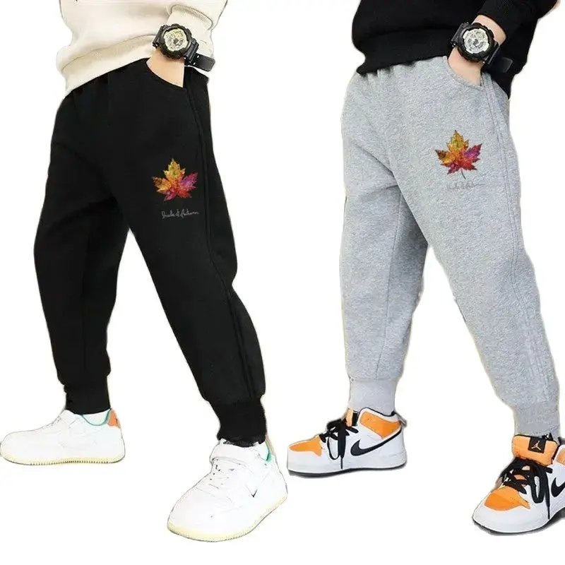 Boys Jogger Sports Pants Maple Leaf Print Kids Cotton Long Sweatpant Cartoon Running Trousers with Pocket