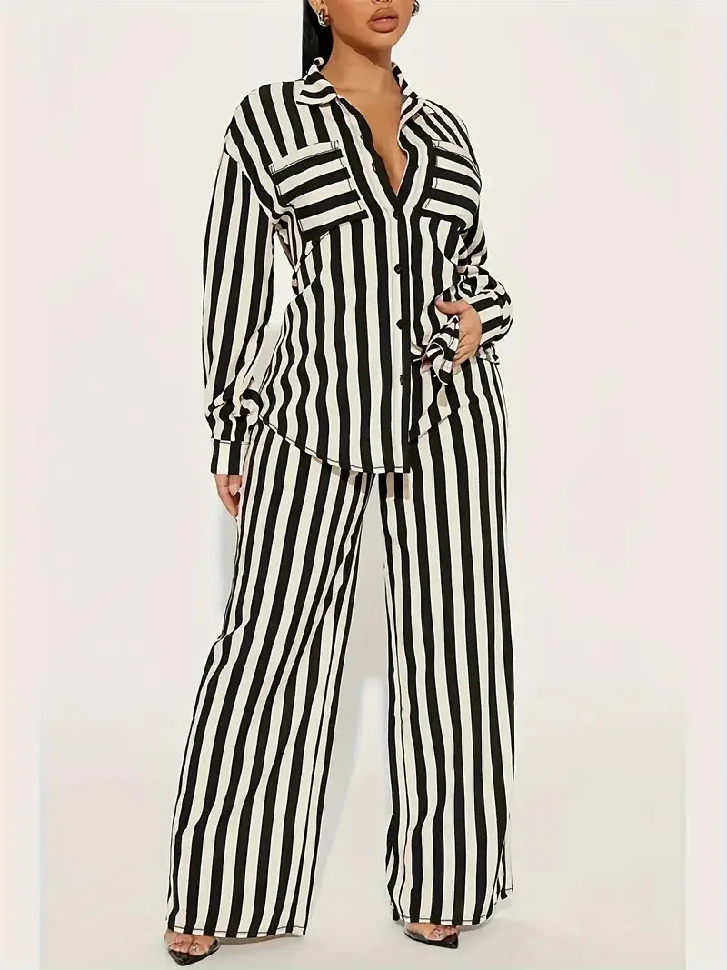 

Stylish Women's Striped Suit Fall Long-Sleeved Lapel Shirt And Wide-Leg Pant Outfits Loose Ladies Two-Piece Set