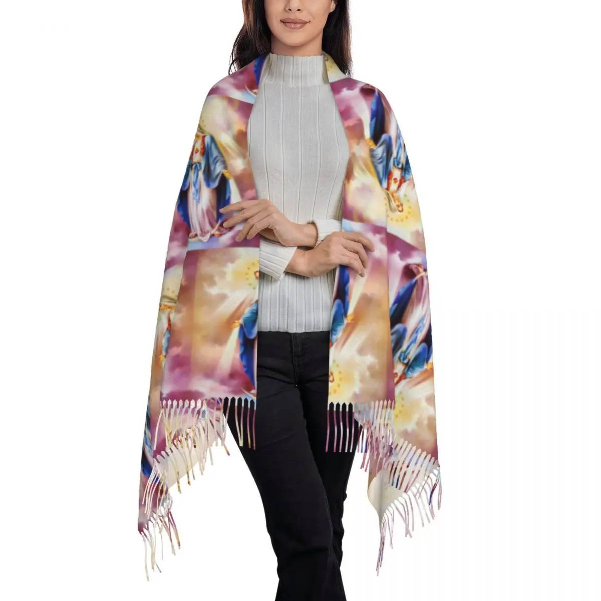 Our Lady Of Fatima Scarf Tassel Scarves Women Soft Warm Shawls and Wraps Long Fall Winter Shawl Wrap