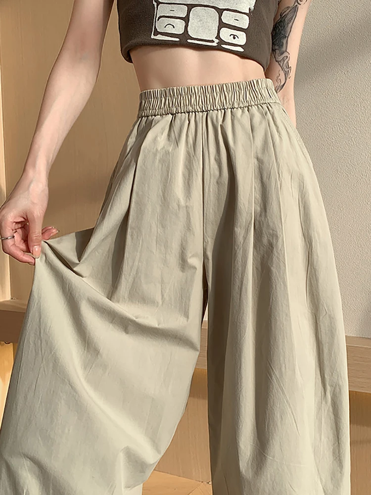 Wide Leg Pants Women Clothing Summer High Waist Elastic Casual Pockets Cotton Loose Ankle-length Pants Solid Pantalones De Mujer