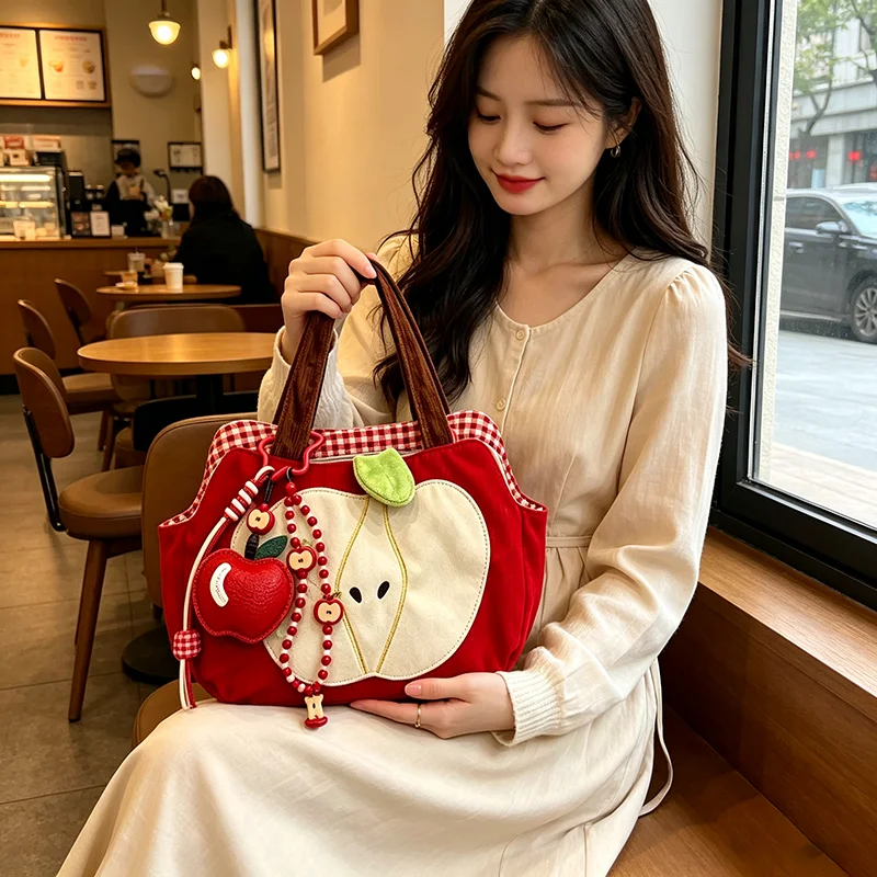 Cartoon Apple Shoulder Bag With Leather Apple Bag Charm Large Capacity Canvas Shopping Bag Creative Tote Bag for Girls Women