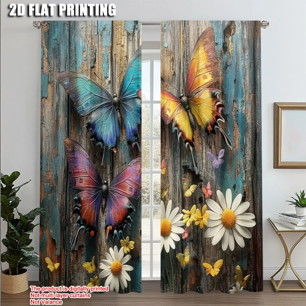 

2pcs, Popular Curtain Panels 2D print Floral Butterfly Versatile Durable Polyester (without rod) Decorations Outdoor Use for