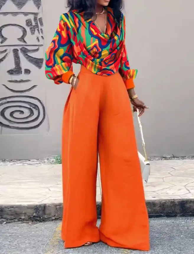 우아한 2피스 의상 플로럴 프린트 카울넥 랜턴 소매 신축성 있는 밑단 크롭탑 캐주얼 밴딩 허리 와이드 레그 팬츠 세트