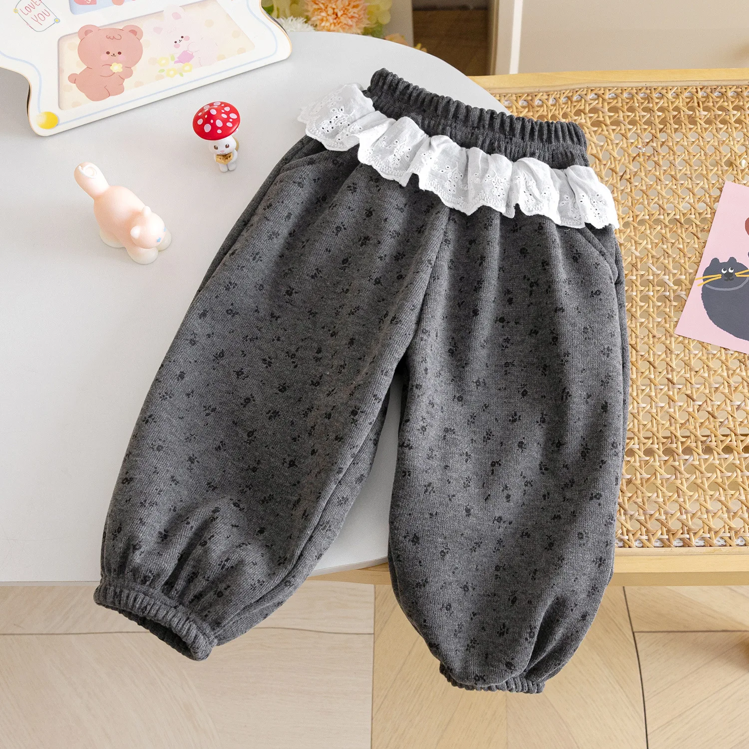 Girls' Korean Version of Fleece Sweatpants 2025 Autumn and Winter New Sweet Polka Dot Leggings, Baby Girl Thickened Lace Pants