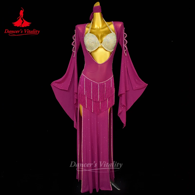 Roupões de desempenho de dança do ventre para mulheres sexy franja robe + sênior ab pedras sutiã + lenço 3 pçs adulto shaabi balady saidy outfit