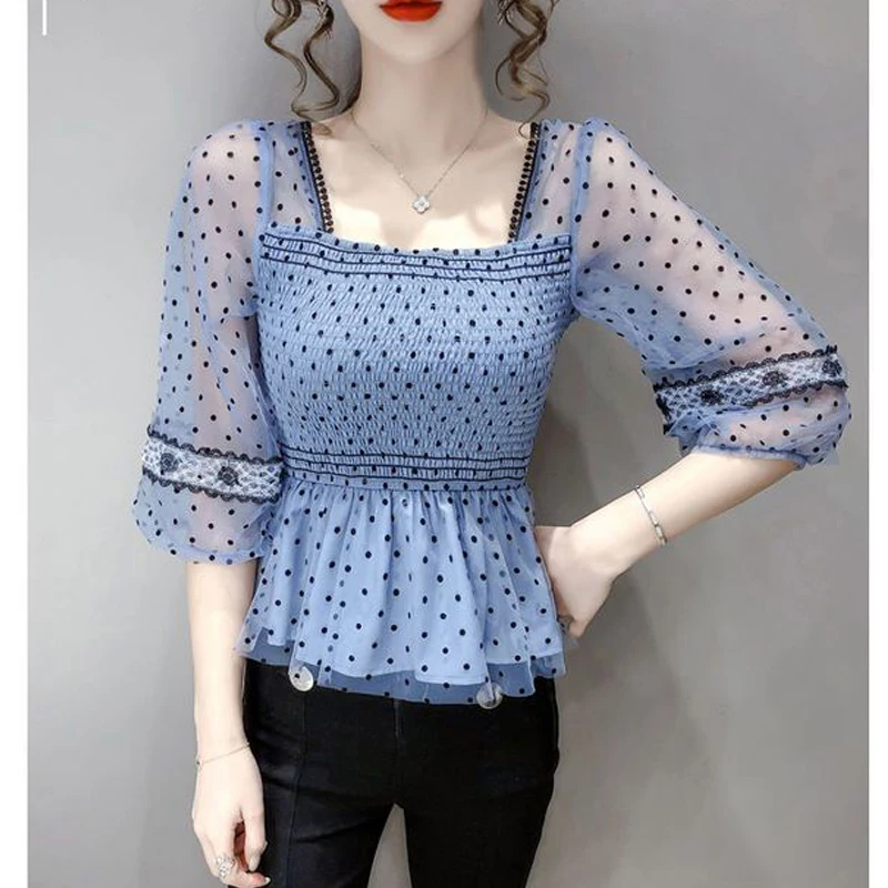 Women Korean Fashion Polka Dot Print Ruffle Blouse Sexy See Through Mesh Lace Patchwork Shirt Square Collar Half Sleeve Slim Top