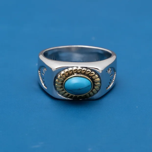 

S925 sterling silver jewelry fashion japanese and korean thai silver polished casual inlaid turquoise surface wide version ring