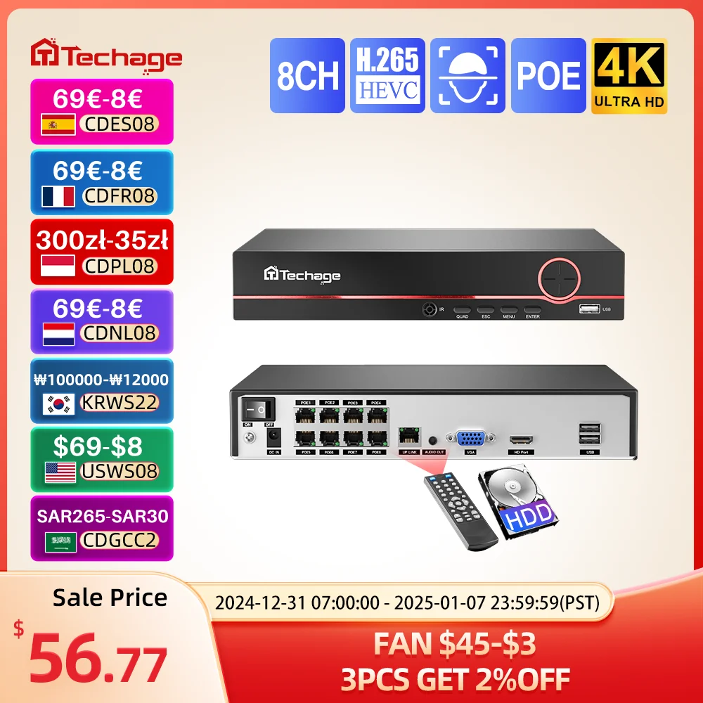 Techage H.265 8CH 4K 2K POE NVR Security Surveillance Network Video Recorder Up to 16CH For CCTV System POE IP Camera Recorder