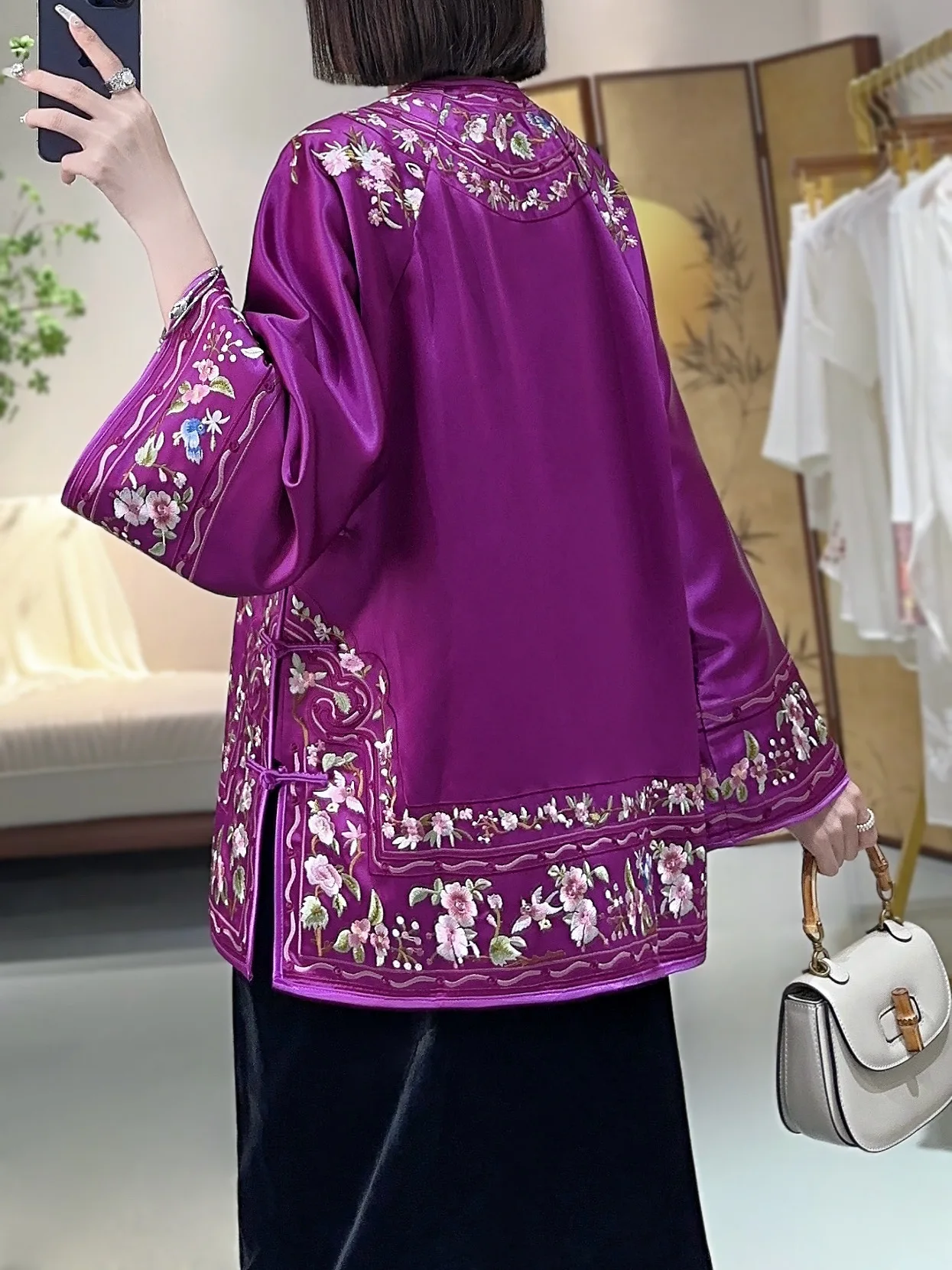 2024 New Autumn Chinese style Full Embroidery Flower Tang Costume Loose Round Neck Asymmetric Single Breasted Top Jacket S-XXL