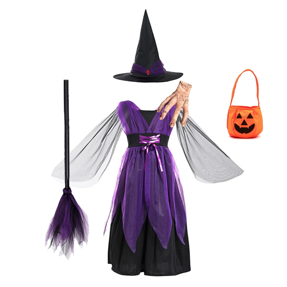 Baby Girls Halloween Witch Costume Children Cosplay Vampire Princess Dresses Kids Dress Up Clothes With Hat Carnival Party Gift