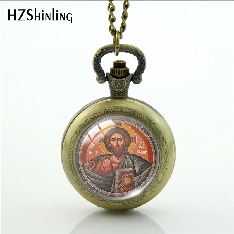 2022 New Arrival Vintage Bronze Color Pocket Watch Christianity Jesus Round Glass Cabochon Handcraft Necklace for Women Men