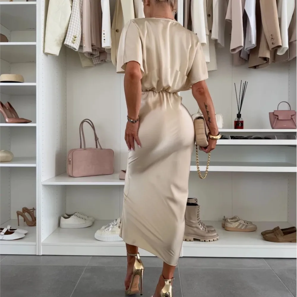 Mode Sexy Satijnen Jurk Vrouwen Batwing Korte Mouw Pakket hip V-hals Twist Bodycon Lange Jurk Elegante Partij High Street Jurk