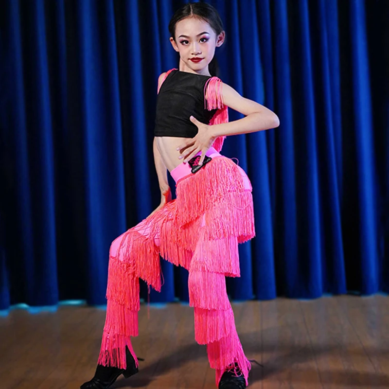 

2024 Girls Latin Dance Clothes Pink Tassel Tops Fringe Pants Kids Cha Cha Rumba Samba Performance Competition Clothing BL12313