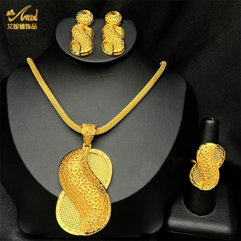 New Design Dubai 24k Gold Color Jewelry Set For Women Fashion Necklace Earring Ring Set Exquisite Party Wedding Gifts Jewellery