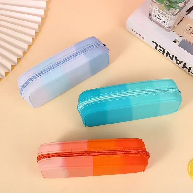 Pencil Case Colorful Silicone Waterproof  Pouch Gradient Colour Aesthetic Portable Pen Bag Stylish Small Office Supplies