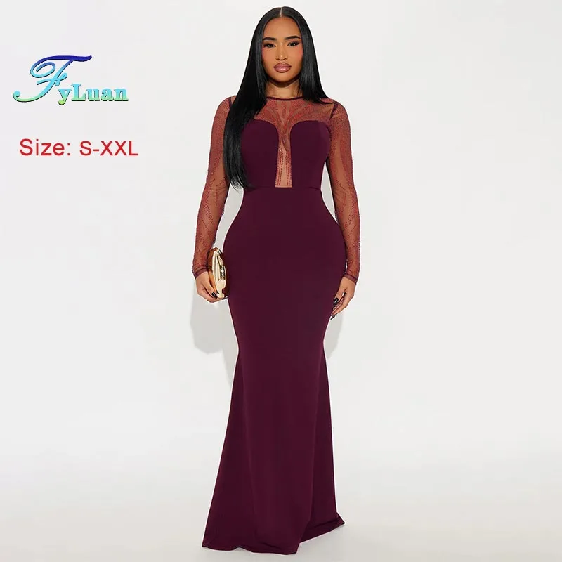 ชุดเดรสยาวผู้หญิง แขนยาว ผ้าตาข่ายซีทรู ประดับเพชร แฟชั่นต่อผ้าตาข่าย ชุดเดรสยาวสำหรับงานปาร์ตี้กลางคืน ชุดเดรสสำหรับสุภาพสตรี