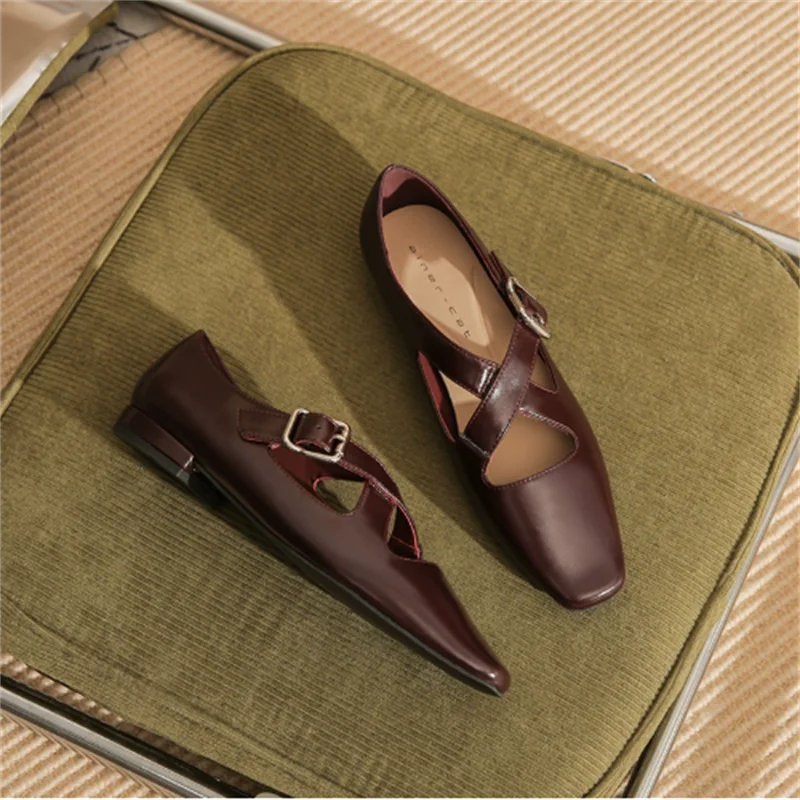 

Cross-belt retro Mary Jane shoes for women, low heel, flat sole, square head, versatile British style small leather shoes