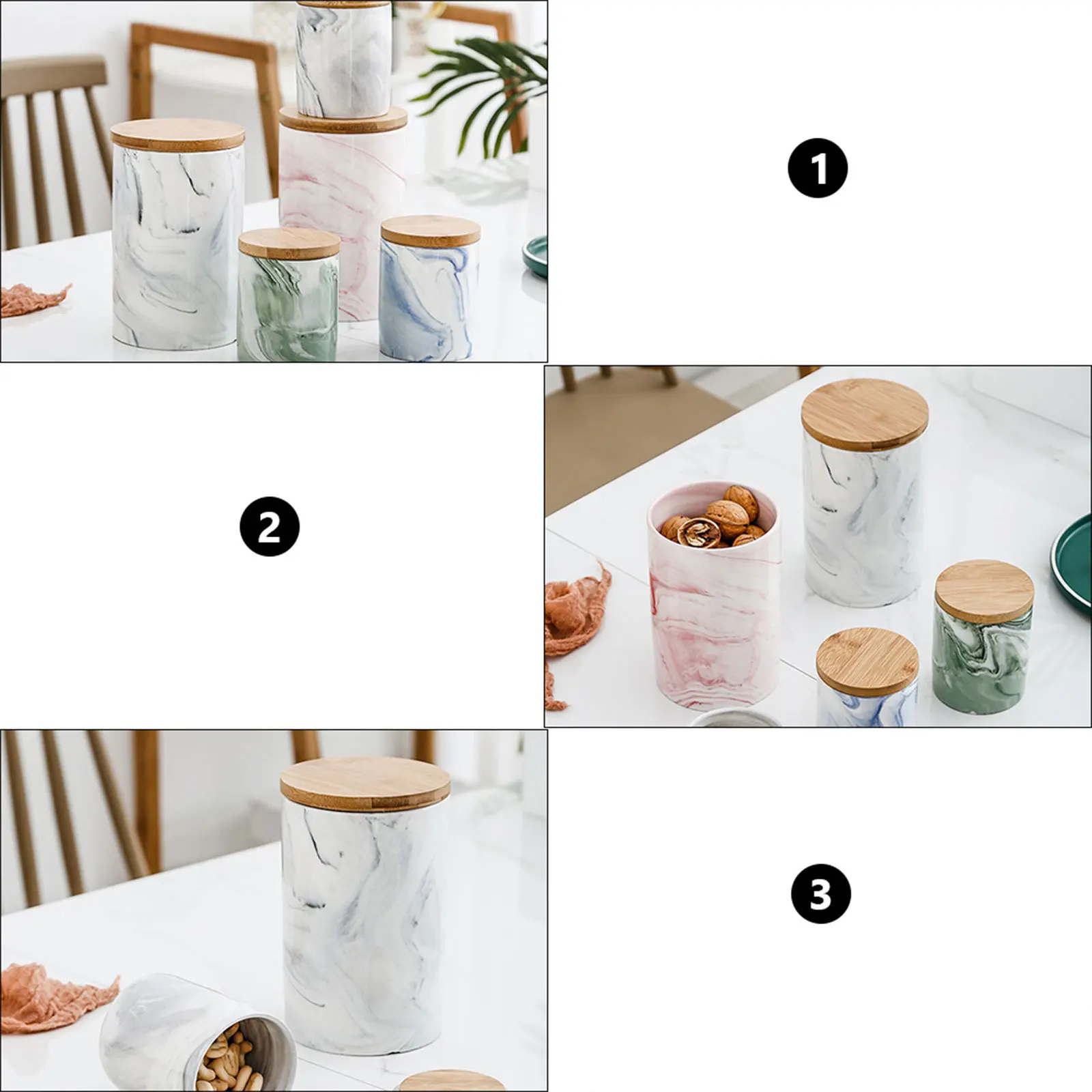 

1Pcs Ceramic Airtight Storage Jar Bamboo Lid Kitchen Food Box Tea Beans Grain Container Marble Pattern Storage Jar