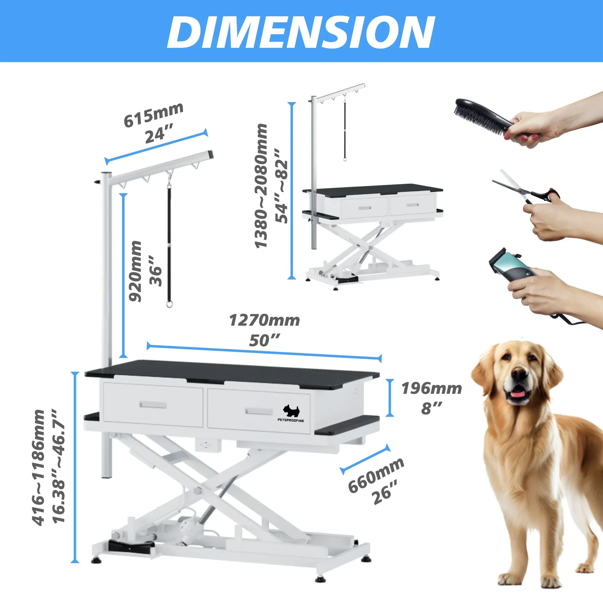 Large Size Portable USB Socket Electric Lifting Foot Operated Pet Dog Grooming Table With Drawers Cabinet For Pets