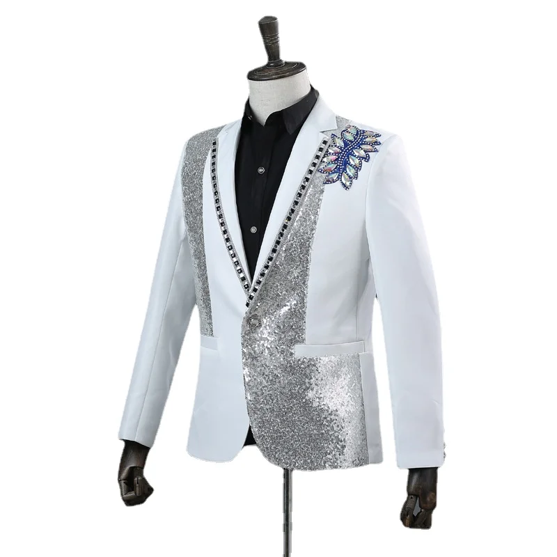 New Fashion Men Dance Party Sequin Dress Suit 2 Piece Set Black / White Singer Host Stage Performance Patchwork Jacket and Pants