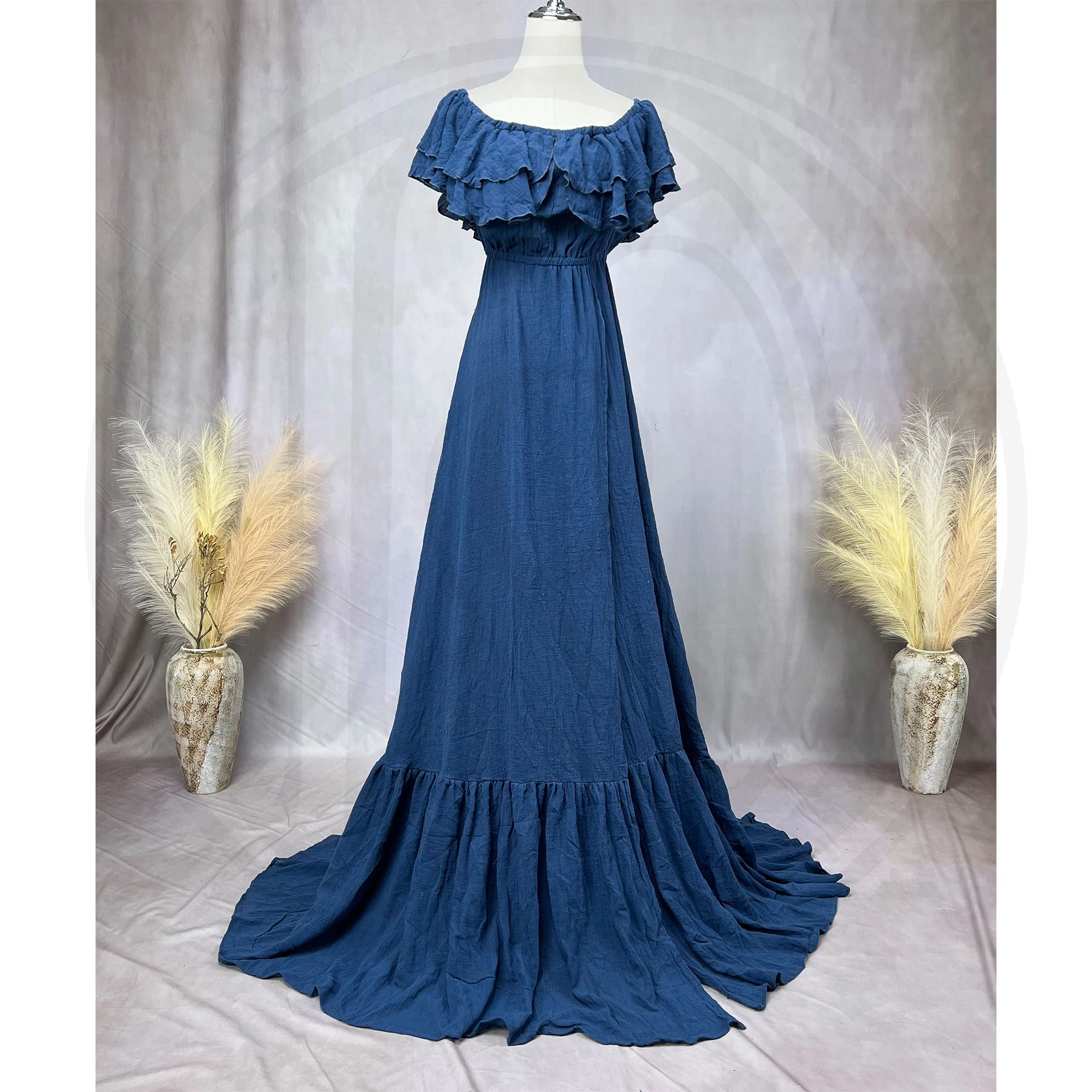 Don&Judy Boho Maternity Maxi Dress Off-Shoulder Ruffle Flutter Sleeves Empire Waist Flowy A-Line Skirt Floor Length Evening Gown view 4