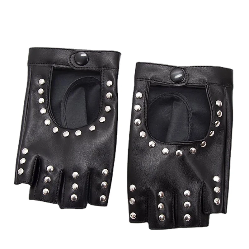 Black Punk Rivet Short PU Leather Half-Finger Gloves Women Hip-Hop Driving Motorcycle Party Cool Girl Handsome Fingerless Mitten