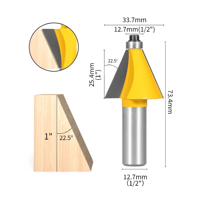 YUSUN 12MM 12.7MM Shank 15/22.5/30 Degree Chamfer Router Bit Woodworking Milling Cutter For Wood Face Mill