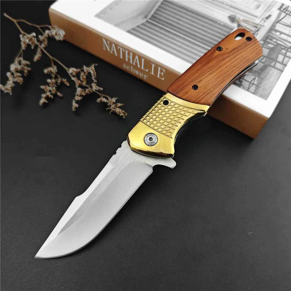 Tactical Folding Pocket Knife 5CR13MOV Steel Blade Brass Colored Wood Handle EDC Camping Portable EDC Survival Knife Hand Tools