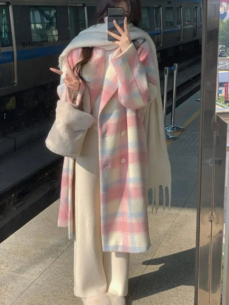 2023 Winter Rainbow Woollen Overcoat Women Casual Plaid Long Coats Office Lady Y2K Clothing Korean Fashion Trench Coats Jacket