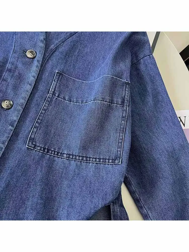 Women New Fashion Pocket Decoration V Neck Button-up Denim Jacket Coat Long Sleeve Female Outerwear Chic Overshirt Versatile