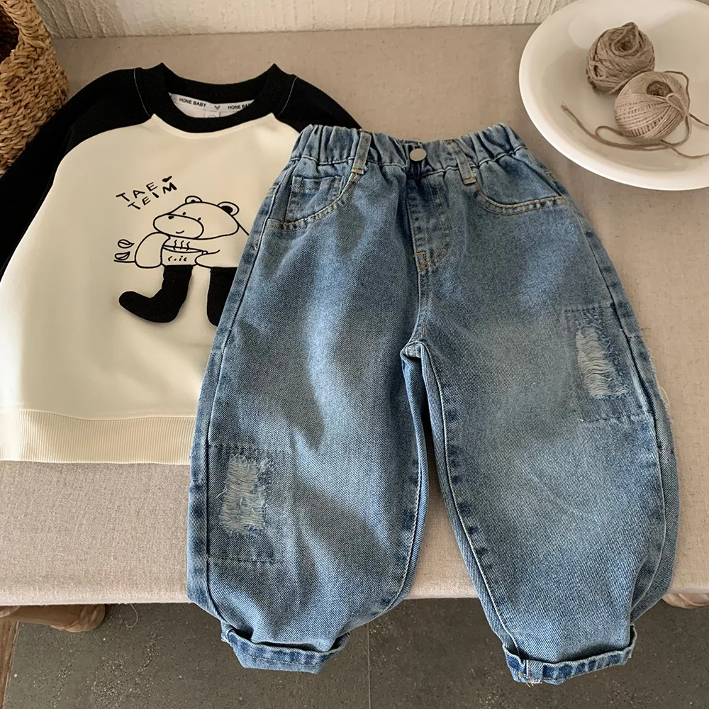 Childrens Pants Spring and Autumn New Korean Version Ripped Jeans Fashionable and Stylish Casual Versatile