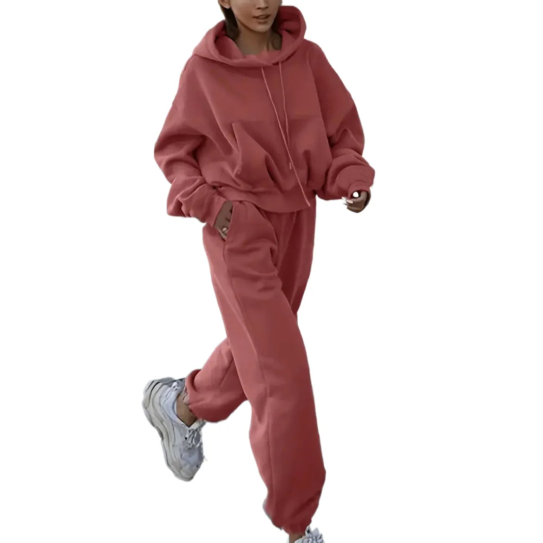 

Casual Sports Style Two Piece Set Loose Hooded Long Sleeve Pocket Short Sweatshirt High Waist Trousers Set Fashion Autumn Set