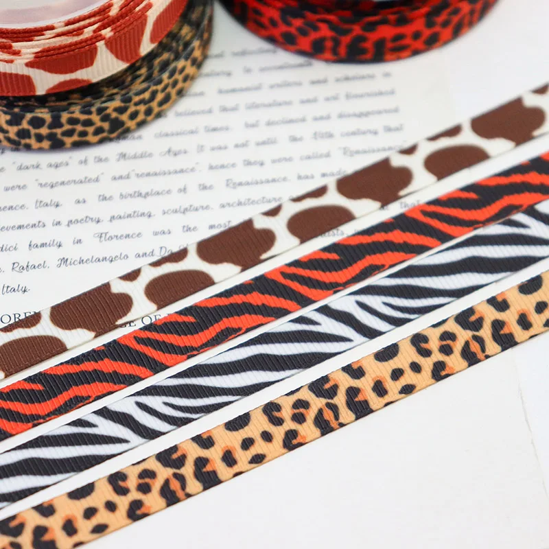 3/8\'\' 9mm Leopard Zebra Cow Printed Polyester Grosgrain Ribbon For Hairbow Accessory Material DIY Decoration