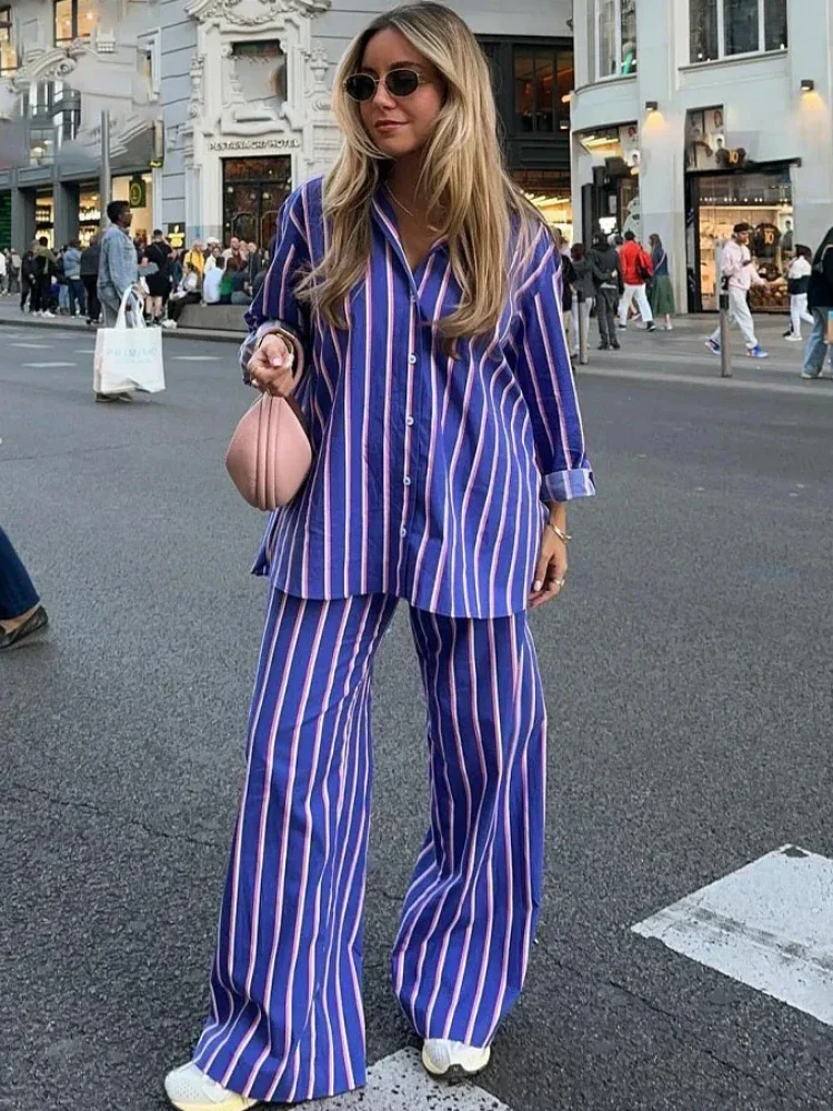 Women\'s Loose Striped Shirt Pant Set Lapel Long Sleeves Single Breasted Blouse High Waist Striped Straight Leg Pant New Chic Set