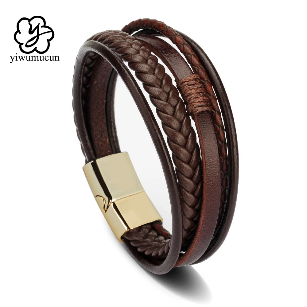 Pulseras de cuero de moda para hombres, pulsera de acero inoxidable de 21CM, cuerda trenzada multicapa, regalos de joyería masculina