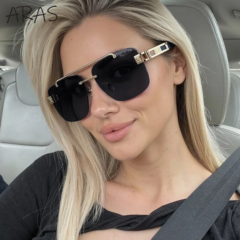 

Steampunk Rimless Square Sunglasses Women 2025 Luxury Brand Big Frame Double Beam Sun Glasses For Lady Trendy Outdoor Eyewear