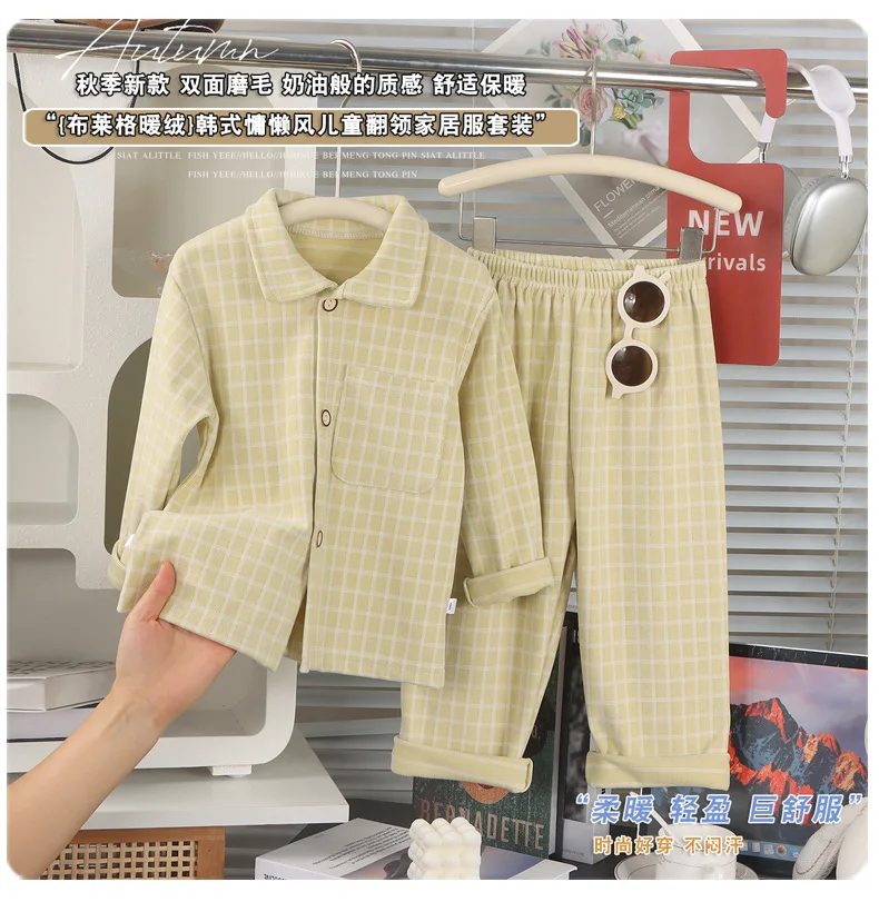 Langarm-Langhosen-Mädchen-Pyjama, kariertes Loungewear-Set, Herbst-Winter-Loungewear, dickes zweiteiliges Set, Pyjama mit Kragen für Kinder und Jungen – Detail 9
