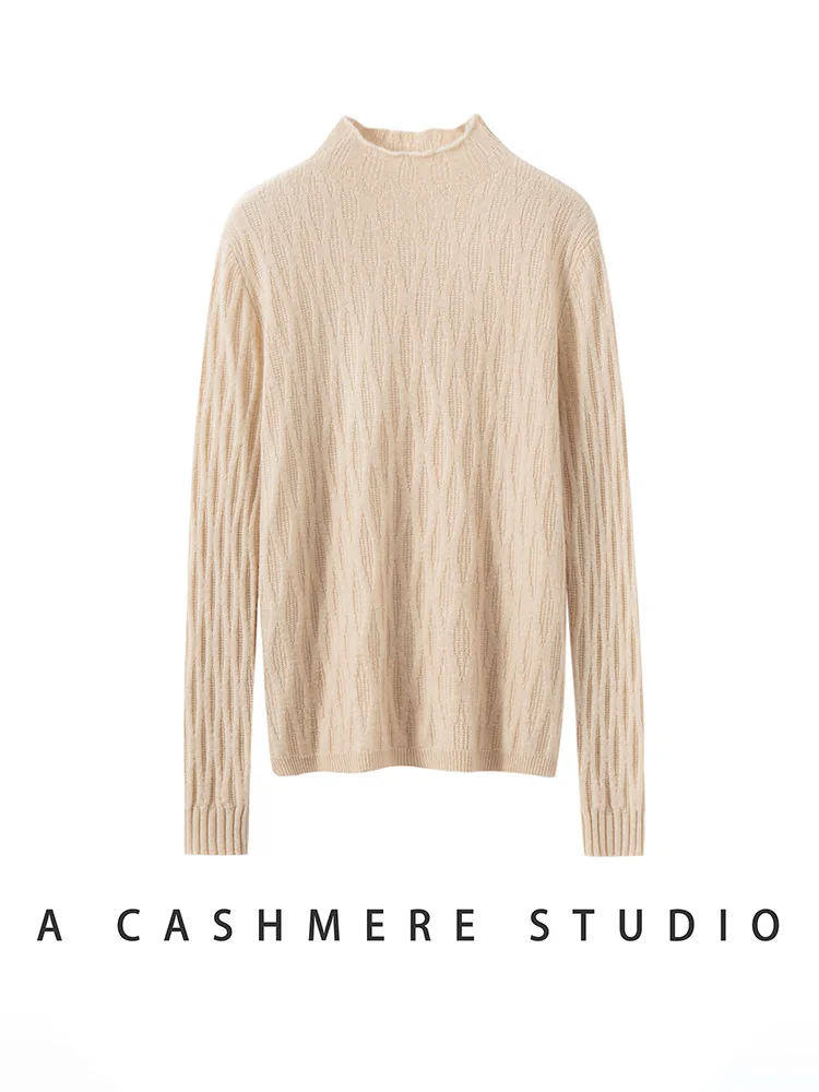 

MEETCC Women 100% Cashmere Mock Neck Pullover Solid Swearter Soft Warm Long Sleeve Autumn Winter Fashion Elegant Lychee Pattern