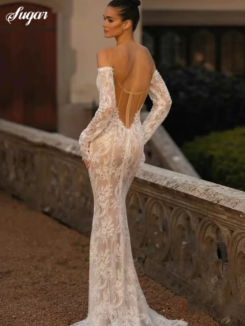 Abito da sposa a sirena senza spalline in pizzo Sweep Train Sirena con scollo a cuore profondo Cerniera Abiti da sposa Donna Vestido De Novia Personalizzato