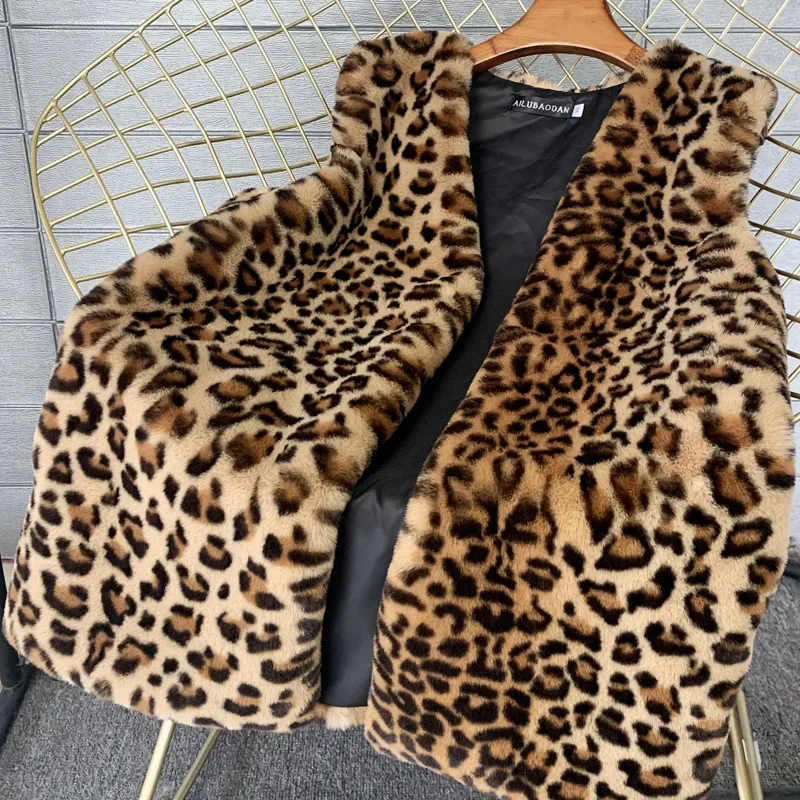 Women Leopard Coat Sleeveless Cardigan Covered Button Coats Print Singlet Faux Fur Loose Casual Outwear High Street Jackets