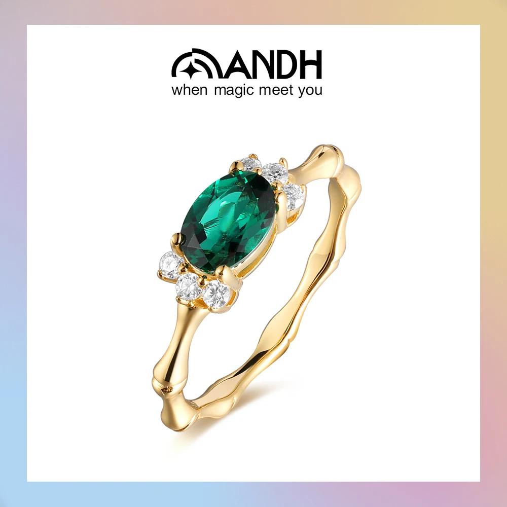 

ANDH овальное кольцо с муассанитом из культивированного изумруда для женщин, позолоченное 14 К, бамбуковый узел, дизайн, юбилей, свадьба, помолвка, ювелирное изделие