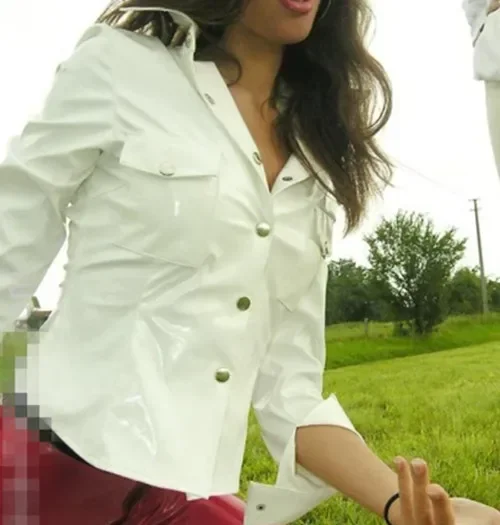

Rubber Coat Latex Women White Long Slevees Shirts With Button Halloween Size XS-XXLHalloween