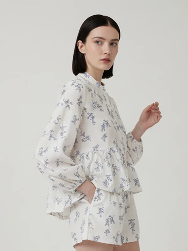 

Chic Women Print Lapel Shirt Shorts Suit Lady Casual Full Sleeve Single Breasted Pleated Loose Short Pant Set Daily Street Wears