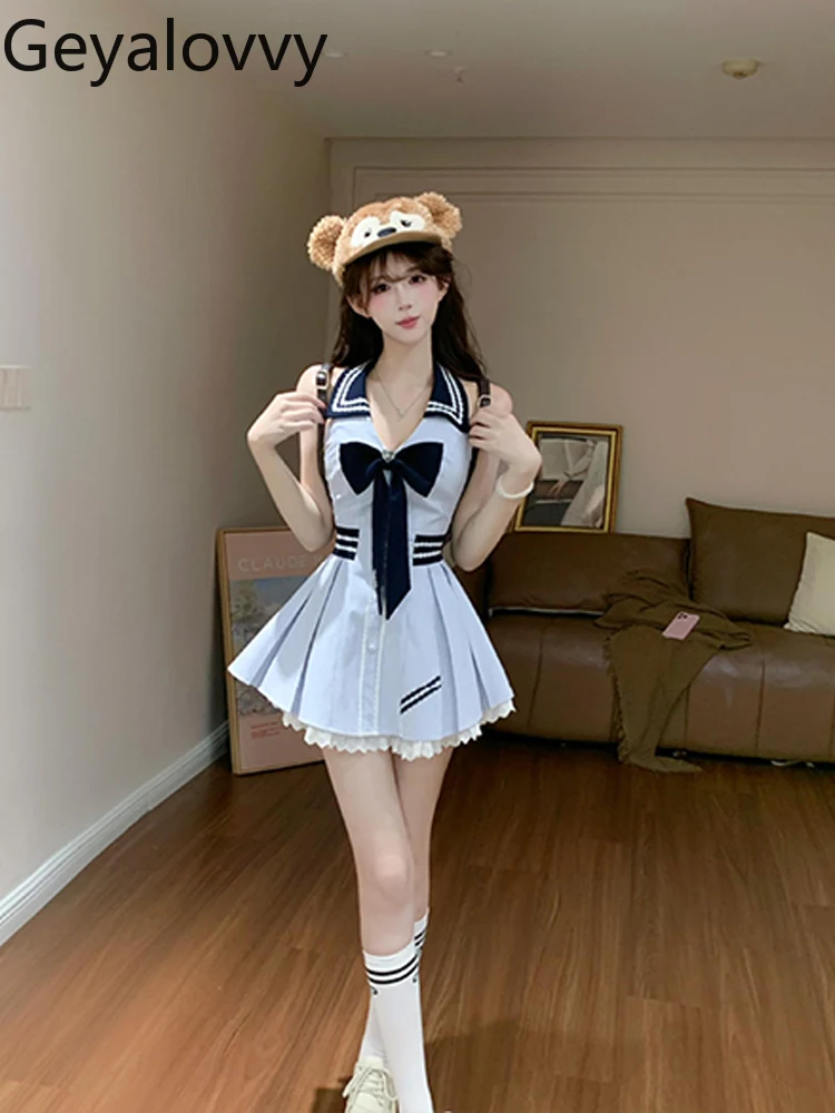 Novedad de verano, vestido sin mangas de encaje de Color contrastante de estilo universitario francés, vestidos de cintura alta con lazo de temperamento dulce para mujer