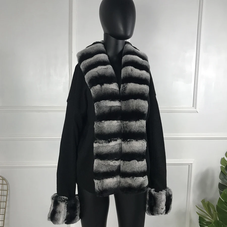 

Women Sweater With Fashion Real Rex Rabbit Fur Trim Cashmere Cardigan Poncho New Spring Autumn Fur Coat Female Jacket