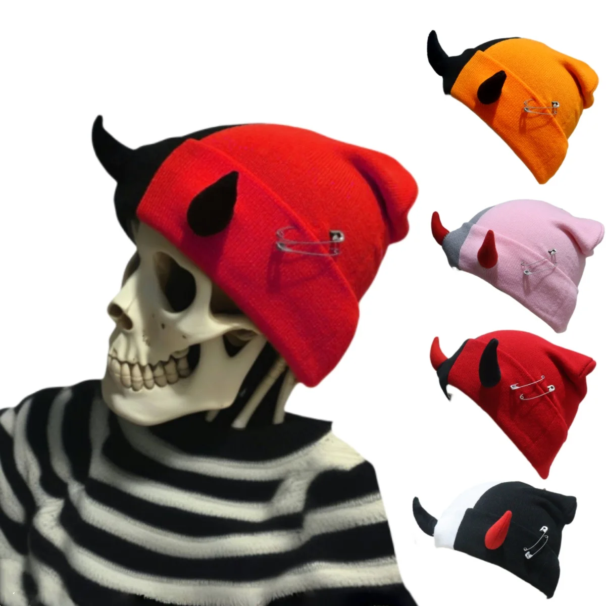 

Little Devil Horn Hat Color blocked Knitted Cute Handsome Hip Hop Little Cow Horn Hat Autumn/Winter Warm Ear Protection Hat