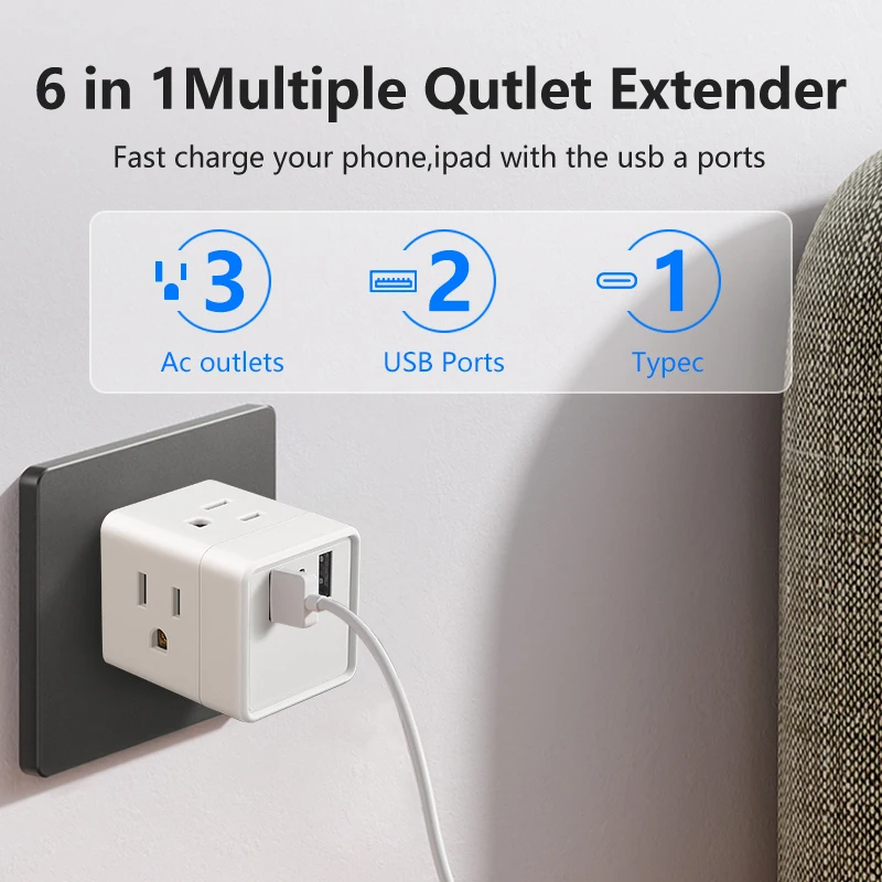 US plug adapter 6-in-1 - American plug extension adapter with multiple sockets and mini power adapter for power sockets
