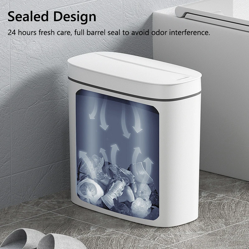 14L Intelligent Touchless Trash Can with Lid Wastebasket Quiet Garbage Bucket IPX5 Waterproof for Bathroom Kitchen Narrow Space