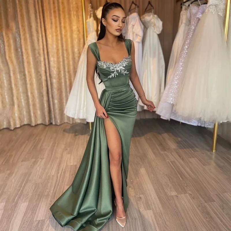 Fnoexw Prom Dresses Mermaid Spaghetti Straps High Split Beading Evening Dress Sweetheart Sleeveless Night Cocktail Party Gown