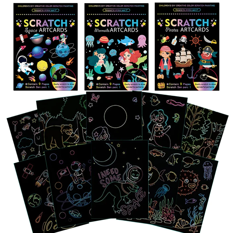 Arco-íris cor scratch arte pintura cartão de papel kit dos desenhos animados magia prancheta crianças diy brinquedos educativos brinquedo natal tmz